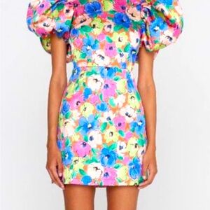 Rotate Birger Christensen Floral Puff Sleeve Silky Dress